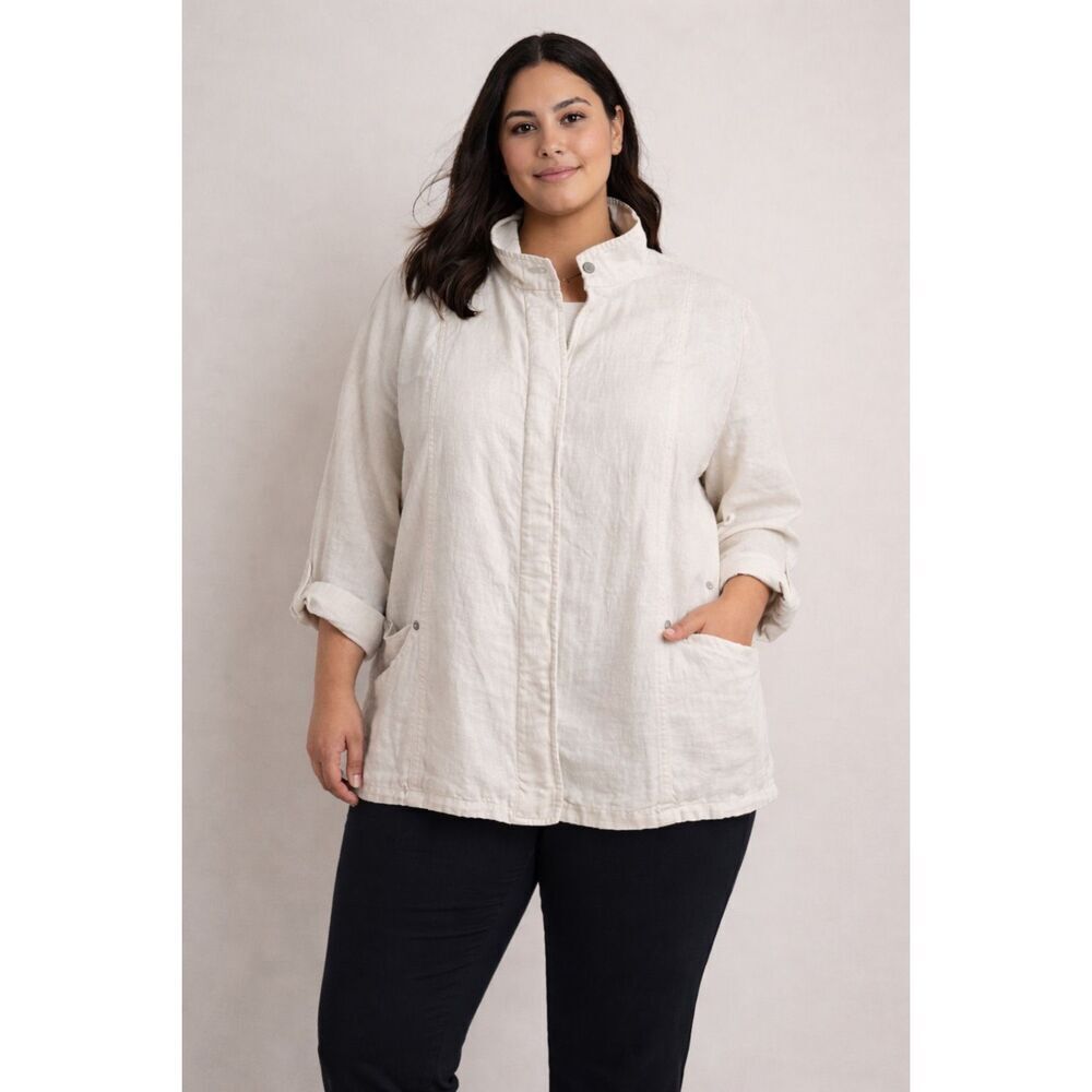 M Collection Linen Jacket Womens 20W Off White Lightweight Pockets